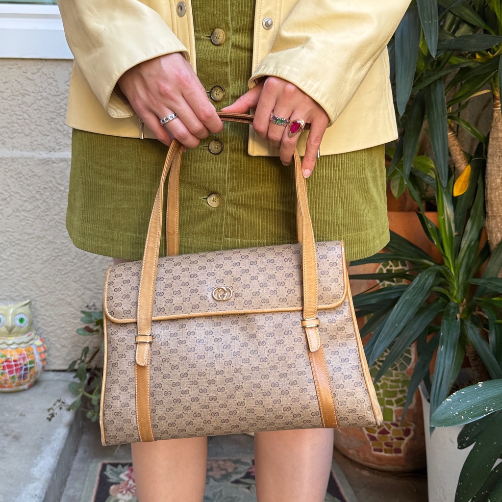 Vintage Tan/Orange Brown Gucci Leather/Coated Canvas Tote Bag